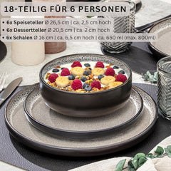 SÄNGER Louxor | Service de table en grès, 18 pièces, service d'assiettes pour 6 personnes, service de table (6 assiettes plates, 6 bols à céréales, 6 assiettes à dessert), vaisselle marron-beige résistante aux rayures | LA COLLECTION VALEUR