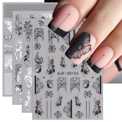 JMEOWIO Autocollants pour ongles 3D Noir Blanc Fleurs Nail Art Autocollants Autocollants pour ongles 5D Stéréoscopiques Fleurs Décoration Nageldesign Zubehör 4 Blatt
