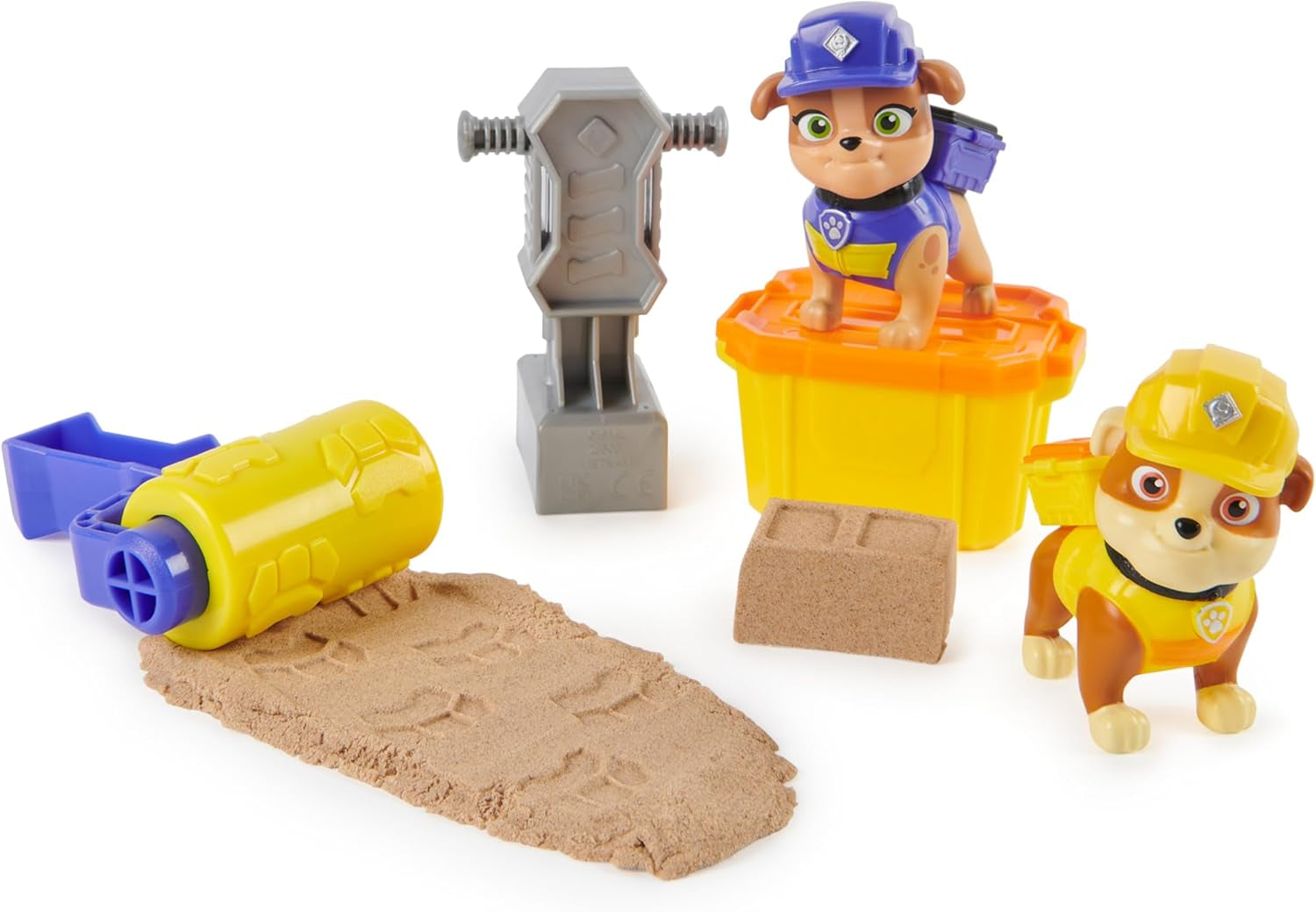 Rubble & Crew – Actionfiguren-Set mit Rubble & Mix Figur, 2 Bauspielzeugen und 85g Kinetic Sand Build-it-Sand, Spielzeug geeignet für Kinder ab 3 Jahren