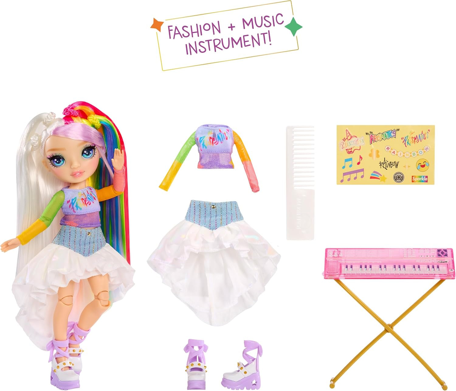 Rainbow High Junior High Rock Band - Amaya, Rainbow Colors - Poupée mannequin de 23 cm avec clavier, personnalisable avec des autocollants, jouet articulé et mignon pour enfants à partir de 4 ans
