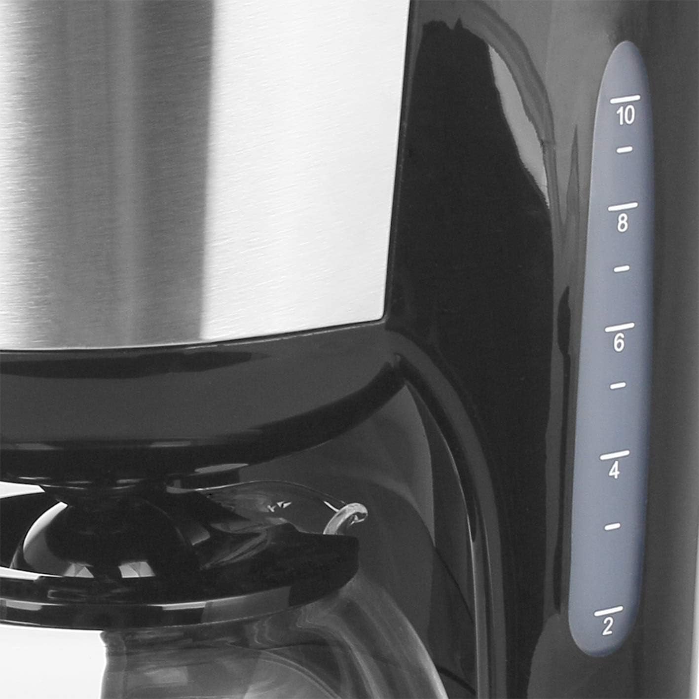 Emerio CME-122933, Cafetière filtre, 1,25 L pour jusqu'à 10 tasses de café frais, filtre amovible permanent, fonction anti-goutte, carafe en verre, arrêt automatique, 1000 watts, noir/argent