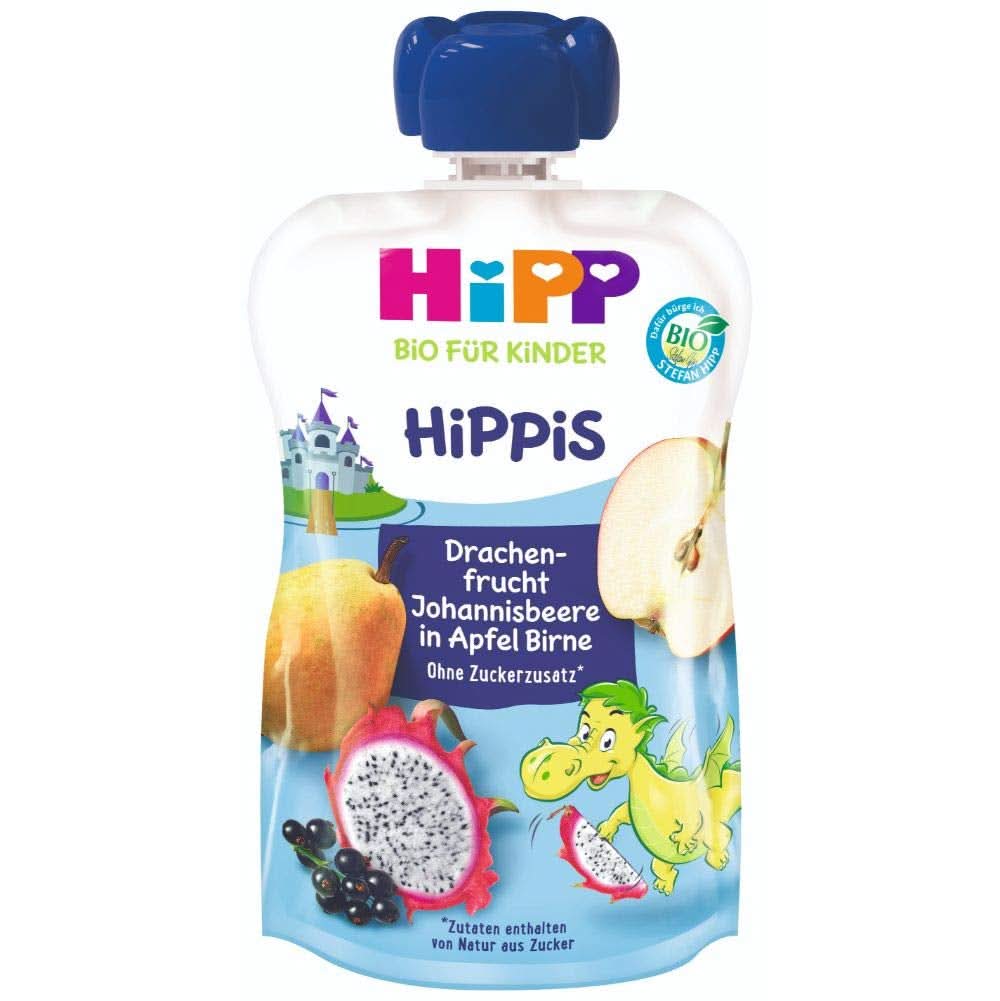 Hipp Super-Hippis squeeze sachets, grenade acérola en pomme-framboise, fruits 100% bio sans sucre ajouté, 6 sachets de 100 g Mère et Enfant Naty Shop 6 x 100 grammes Fruit du dragon, pommes, poires