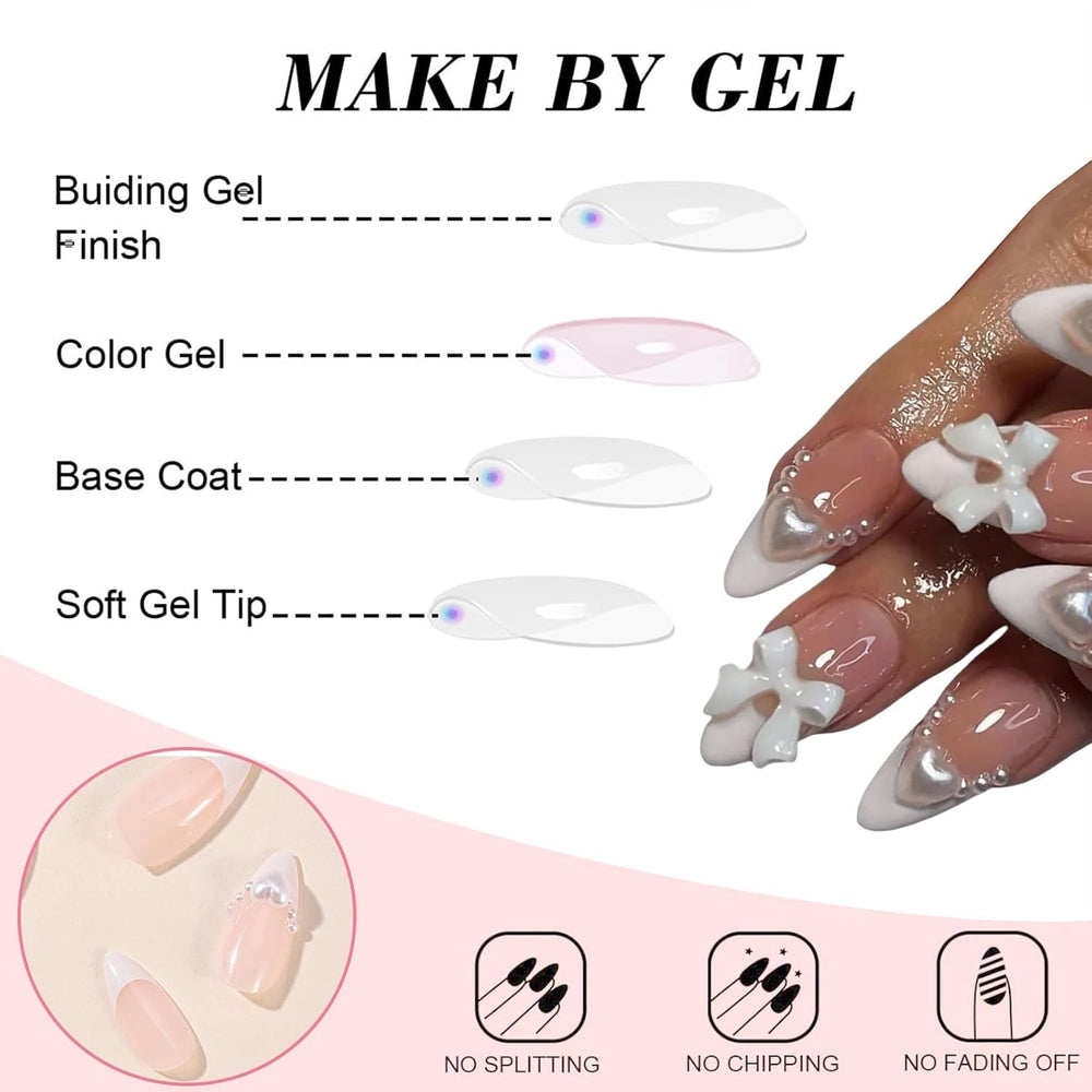 Faux ongles français à pression en amande blanche, 24 pièces, avec nœuds, perles, colle sur faux ongles, paillettes