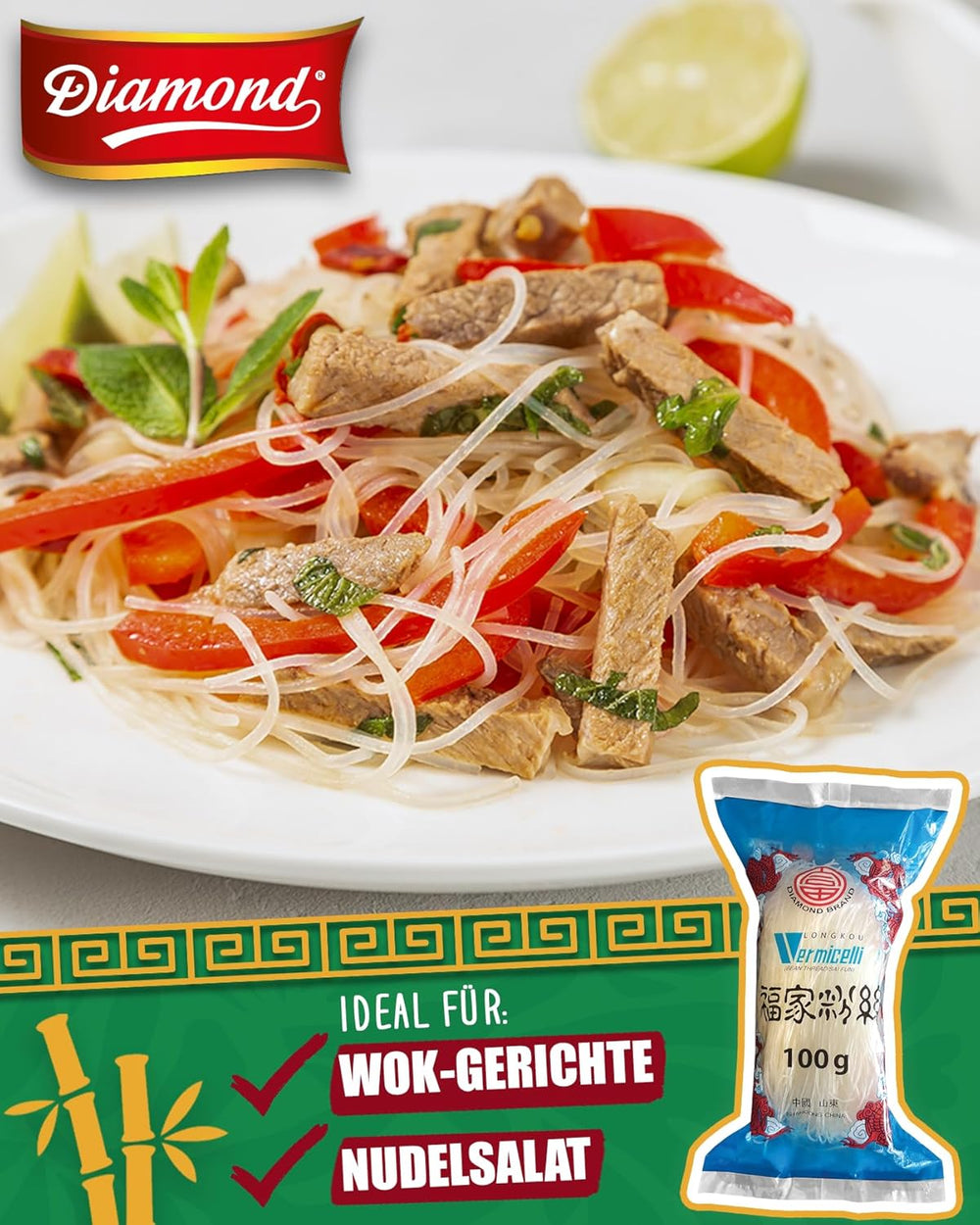 Nouilles en verre DIAMOND, nouilles en verre longues, naturellement végétaliennes et sans gluten - 1 x 100 g