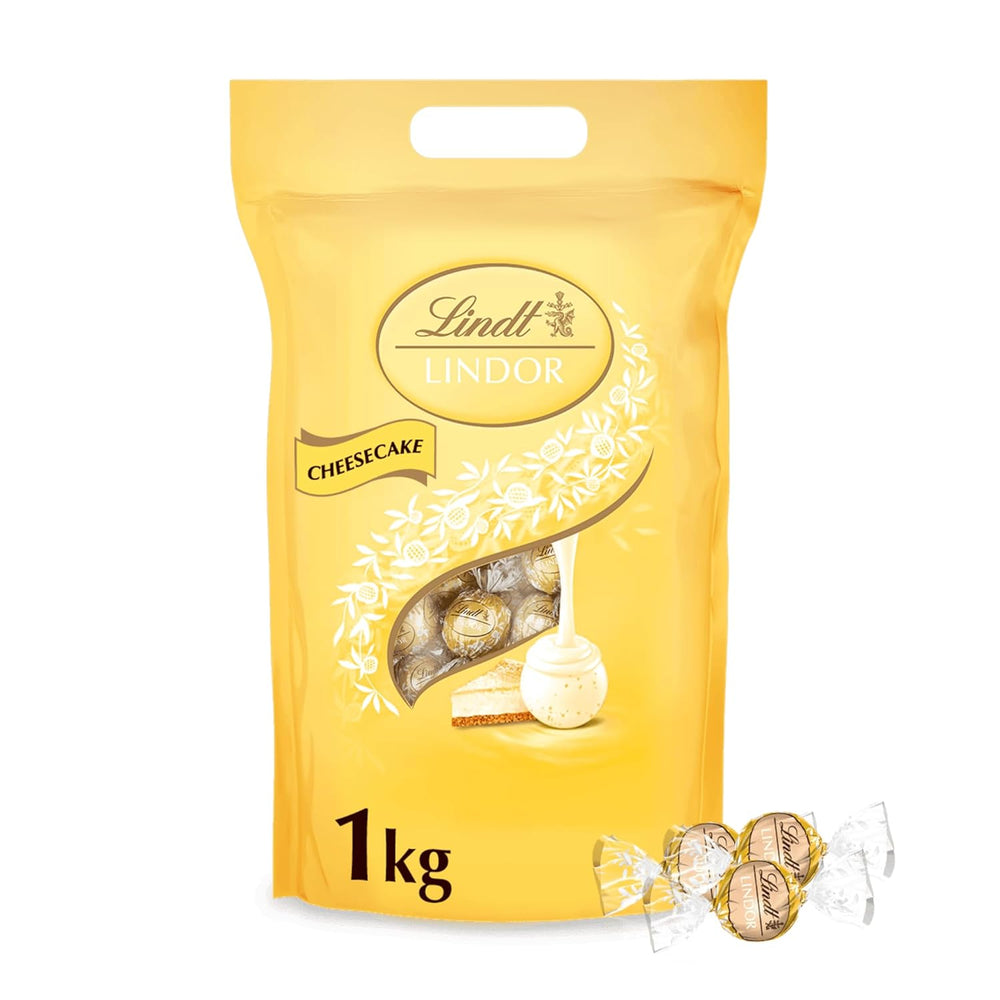Chocolat Lindt | Sac à gâteau au fromage LINDOR | 1 kg | 80 boules de chocolat au lait blanc fourrées au cheesecake fondant | Cadeau de chocolat à partager