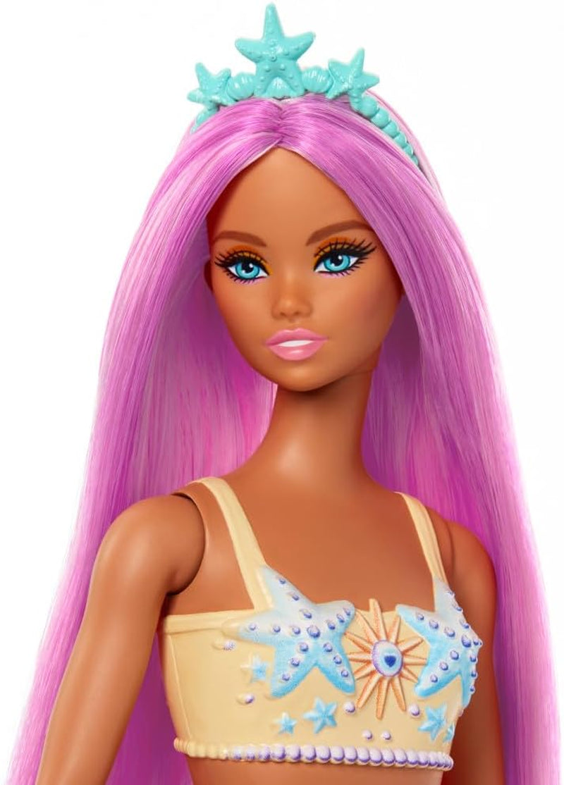 Poupée Barbie sirène avec cheveux et bandeau roses fantaisie, poupée tête d'étoile de mer et nageoire queue orange douce, HRR05