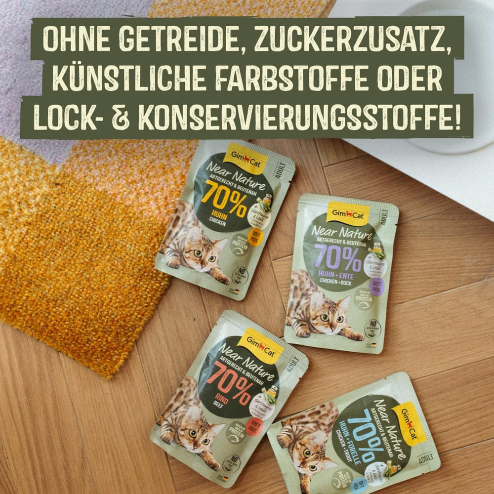 GimCat Near Nature Trial Mix Pachet de 12 - Hrană umedă fără cereale pentru pisici de la 7 luni, cu o rețetă adecvată speciei și specifică prăzii - 12 pliculețe (12 x 85 g)