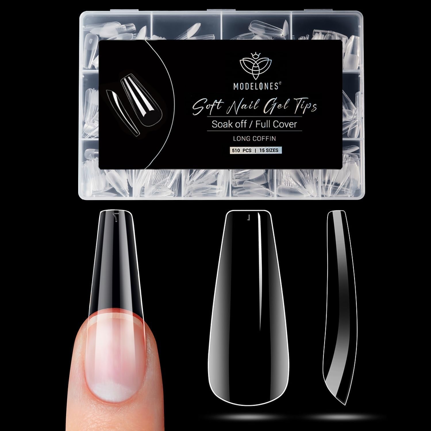 Modelones Nail Tips 510 pièces – Ensemble de pointes d'ongles à couverture complète, ensemble de pointes en gel, pointes d'ongles en résine PMMA pré-polonées, ongles artificiels à coller sur Nail Art DIY, Squoval court