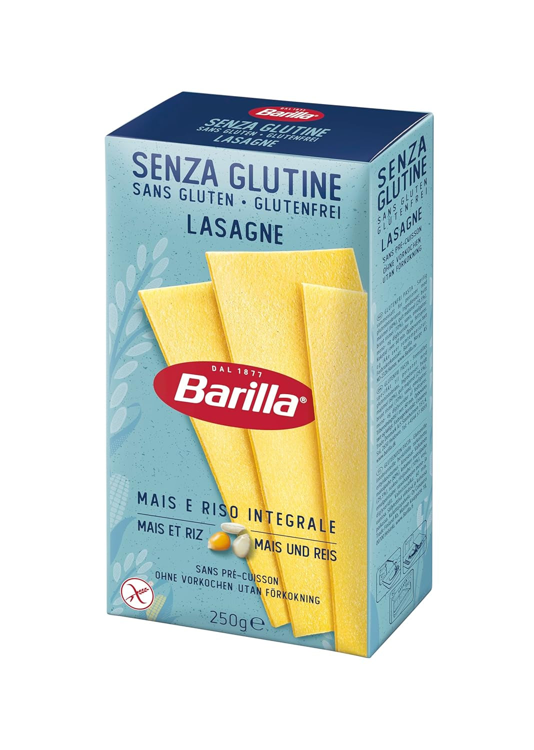 Lasagnes sans gluten Barilla Pasta, à base de délicieux maïs et riz, parfaites pour les personnes atteintes de la maladie coeliaque ou d'intolérance au gluten, paquet de 10 (10 x 250g)