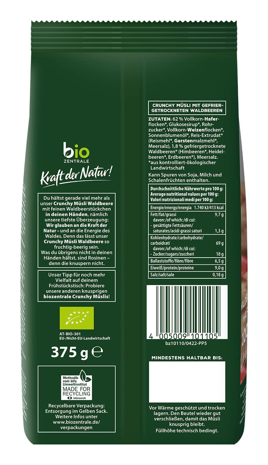 Muesli croustillant aux baies Biozentrale | 375 g de Muesli bio | Idéal pour le petit-déjeuner et votre tasse de muesli à emporter | Une alternative aux barres de muesli