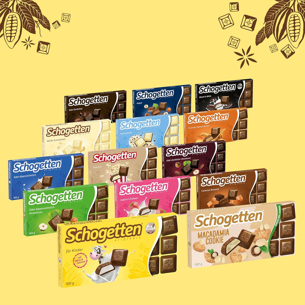 Schogetten pour enfants, barre de chocolat 100g, chocolat au lait fourré au lait crémeux, en portions pratiques. Un délice. Pièce par pièce.