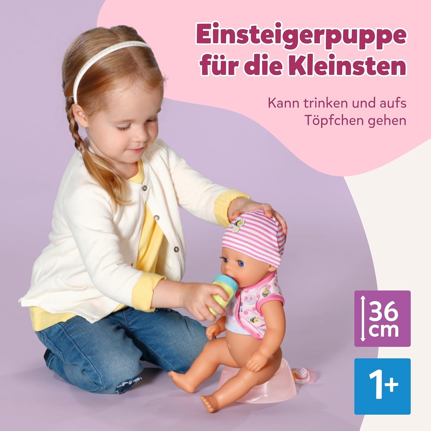 BABY Born Lena (Fetiță) - păpușă bebeluș 36 cm - 7 funcții, inclusiv accesorii și saltea - Funcționează complet fără baterii - Potrivită pentru copii mici de la 1 an