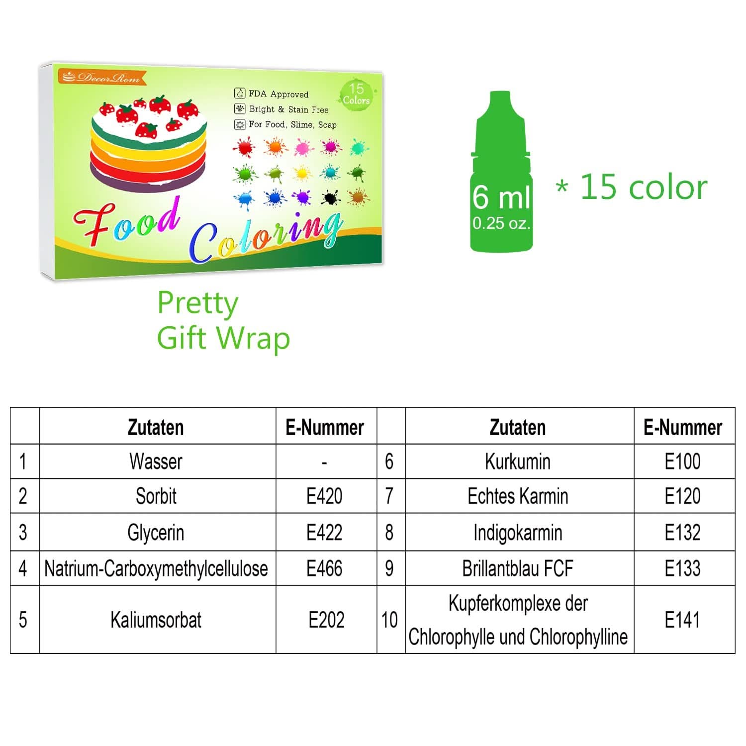 Lot de 15 colorants alimentaires liquides, 6 ml de chaque couleur Naty Shop