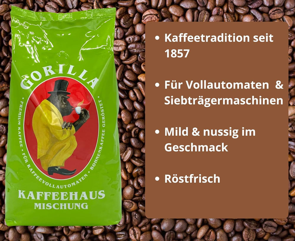 Set de degustare Gorilla Coffee & Espresso 5 x 1000g | Gorilla: Super Bar Crema, Coffee House Blend, Delicato, Café Creme, Super Bar | + Produse de patiserie Jassas