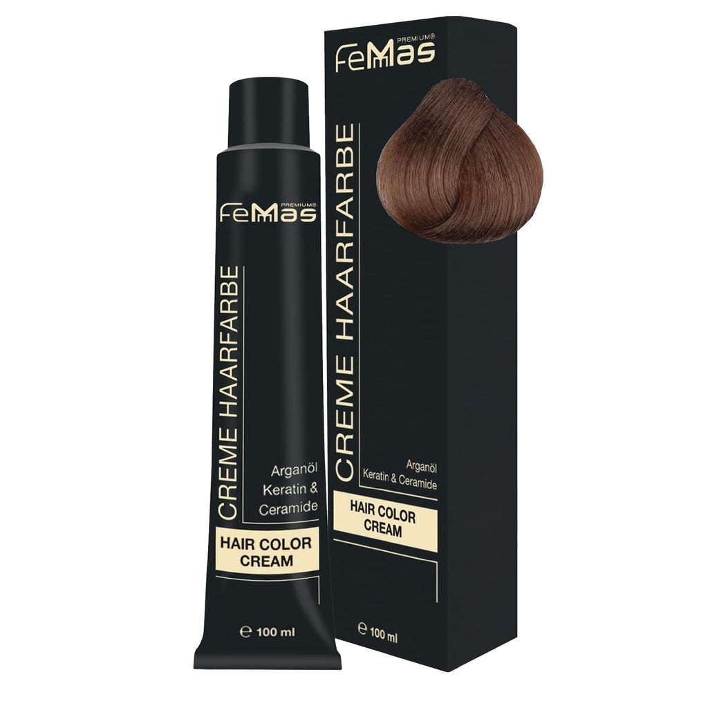 FemMas Hair Colour Pure & Mix Red I Cremă profesională cu ulei de argan, keratină și ceramide I Ca o vopsea de păr permanentă sau nuanță pentru rezultate radiante, de lungă durată I 100 ml Vopsea pentru par Naty Shop Blond mediu auriu 7.3 Pachet de 1