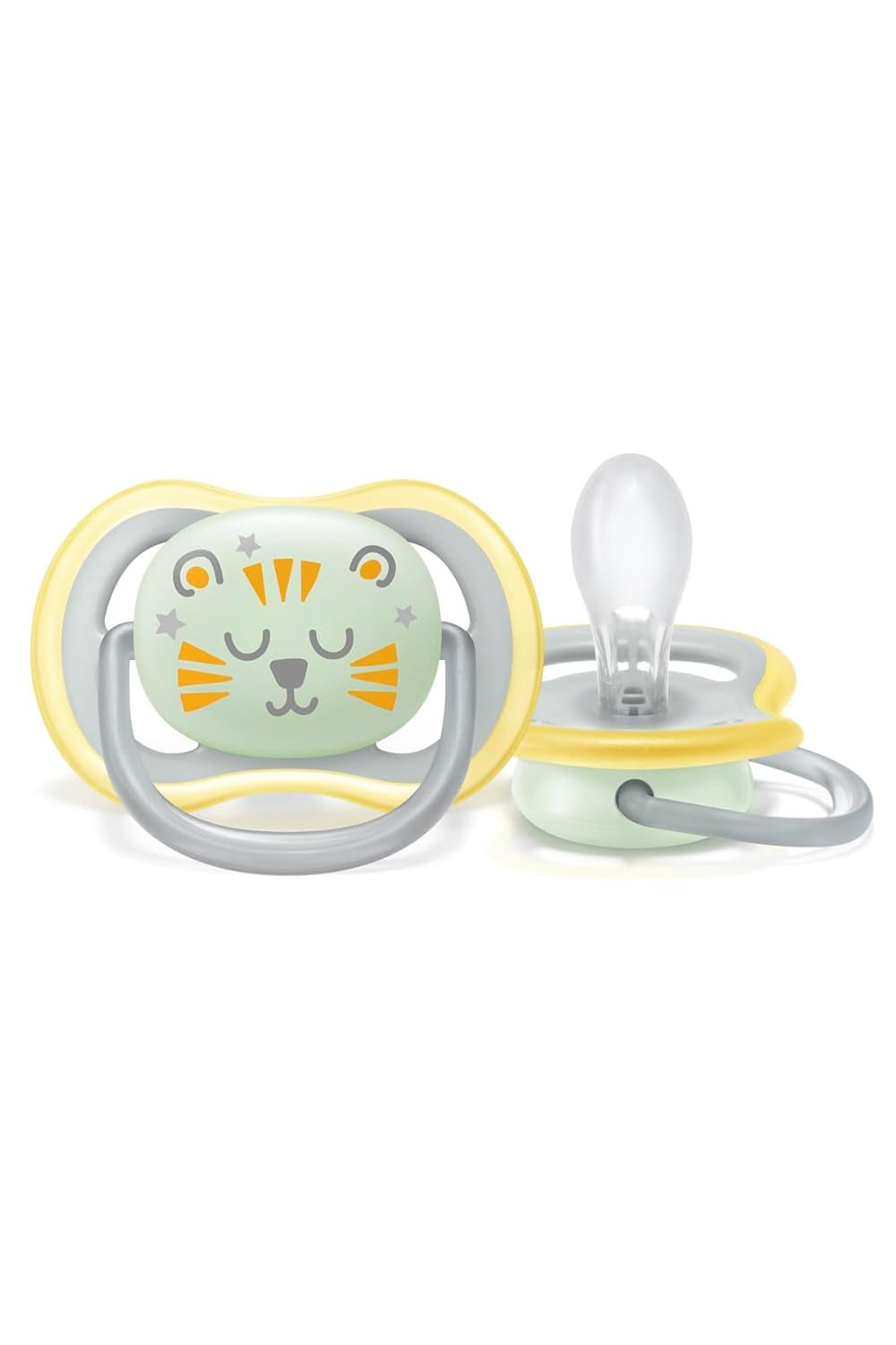 Philips AVENT Sucette de nuit Ultra Air pour bébés de 18 mois et plus qui brillent dans le noir, pack de deux nuages/tigre (modèle SCF376/01)