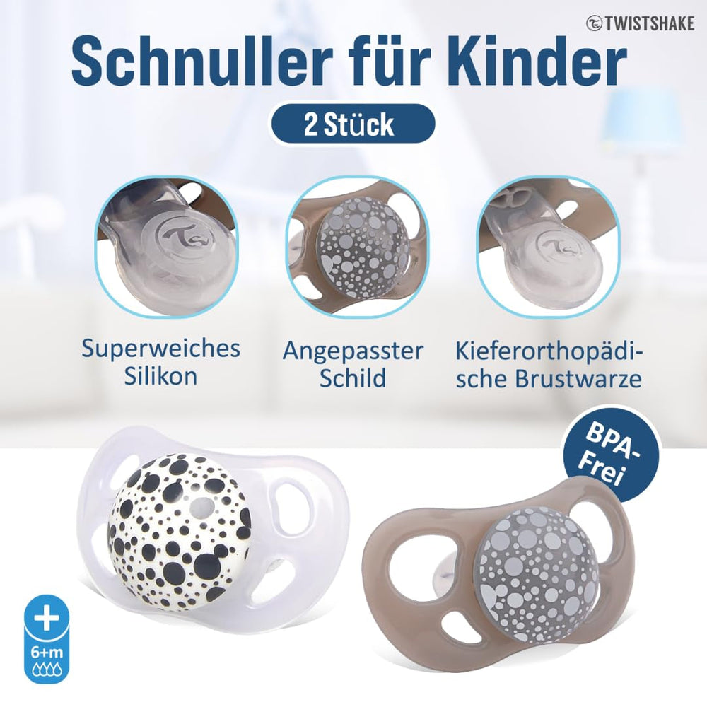 Sucettes pour bébé Twistshake – Paquet de 2 | Forme orthodontique | Ultra-léger | Tétine en silicone souple | Sans BPA | Convient aux bébés à partir de 6 mois | Gris-blanc