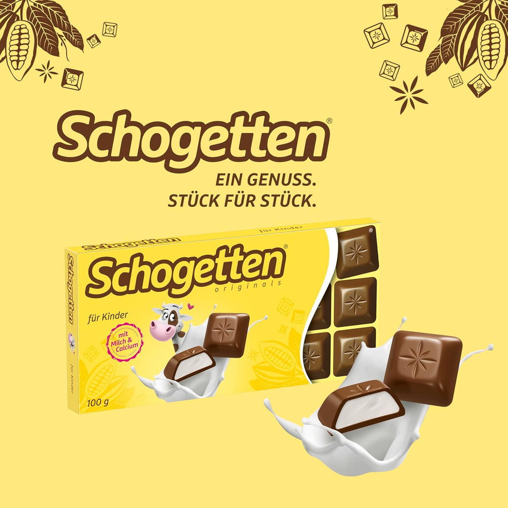 Schogetten pour enfants, barre de chocolat 100g, chocolat au lait fourré au lait crémeux, en portions pratiques. Un délice. Pièce par pièce.