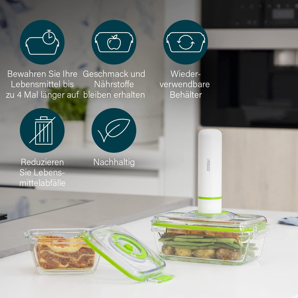 Set de recipiente din sticlă pentru păstrarea alimentelor Princess cu sigilator de vid portabil - inclusiv pompă de vid electrică, cablu de încărcare USB, 2 recipiente pentru gătit și alimente, 2 capace fără BPA, 492985 Cutii depozitare alimente Naty Shop