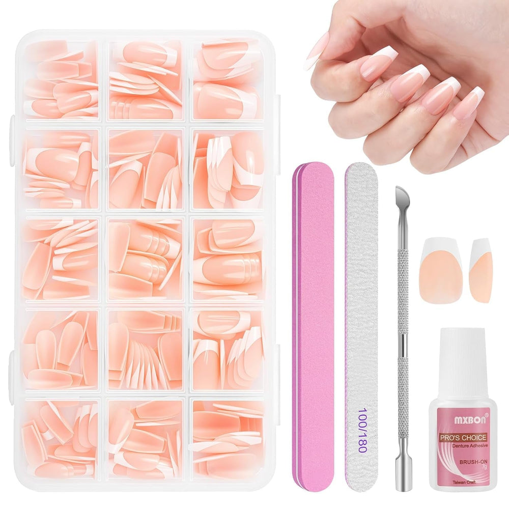 Lot de 240 faux ongles à pression française, 12 tailles, faux ongles avec colle pour femmes et hommes (blanc nu amande moyenne)