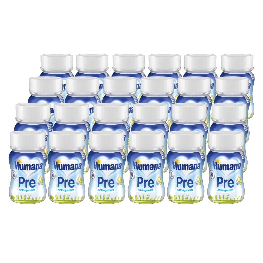 Humana Initial Milk Pregatit de băut, de la naștere, Lapte gata de băut pentru sugari, Pe lângă laptele matern sau ca unică pre-aliment, Hrană pentru copii cu DHA și numai lactoză, 24 x 90 ml Naty Shop