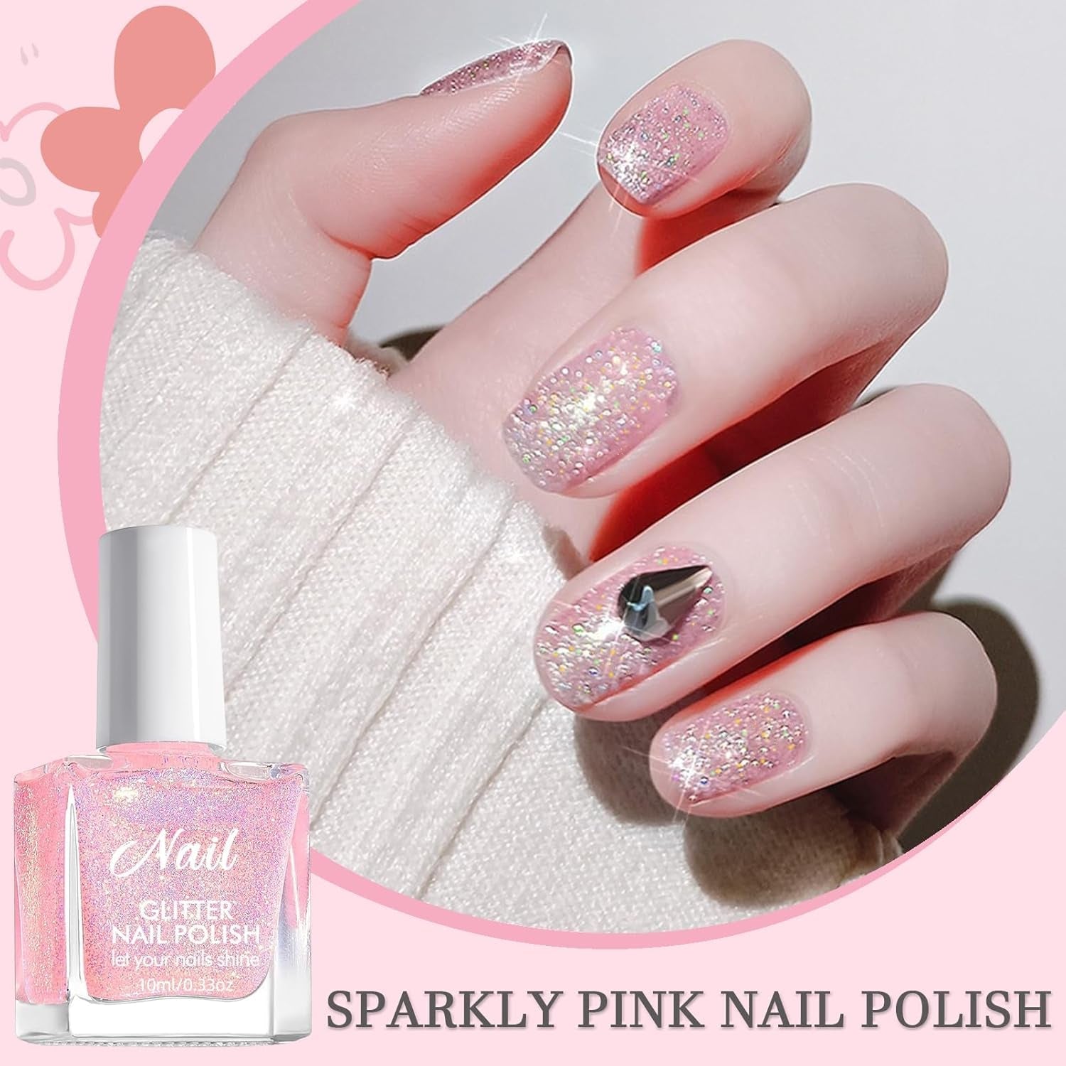 Oja cu sclipici roz - Oja non-toxică, pe bază de apă, pentru femei - Oja cu uscare rapidă - Oja cu sclipici reflectorizant pentru nail art DIY acasă (Roz transparent, 10 ml)