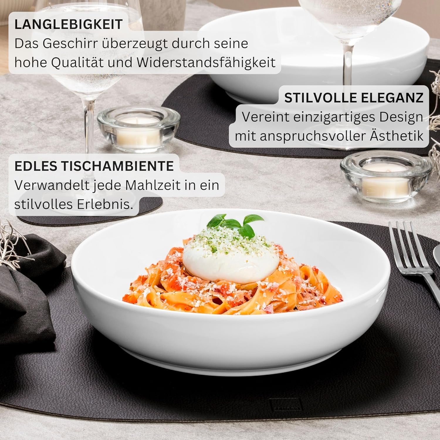 SANGER | Marlo White Service de table 24 pièces pour 6 personnes avec assiettes à dessert, assiettes plates, bols et bols à céréales, service de table en porcelaine, vaisselle au design moderne, collection PREMIUM