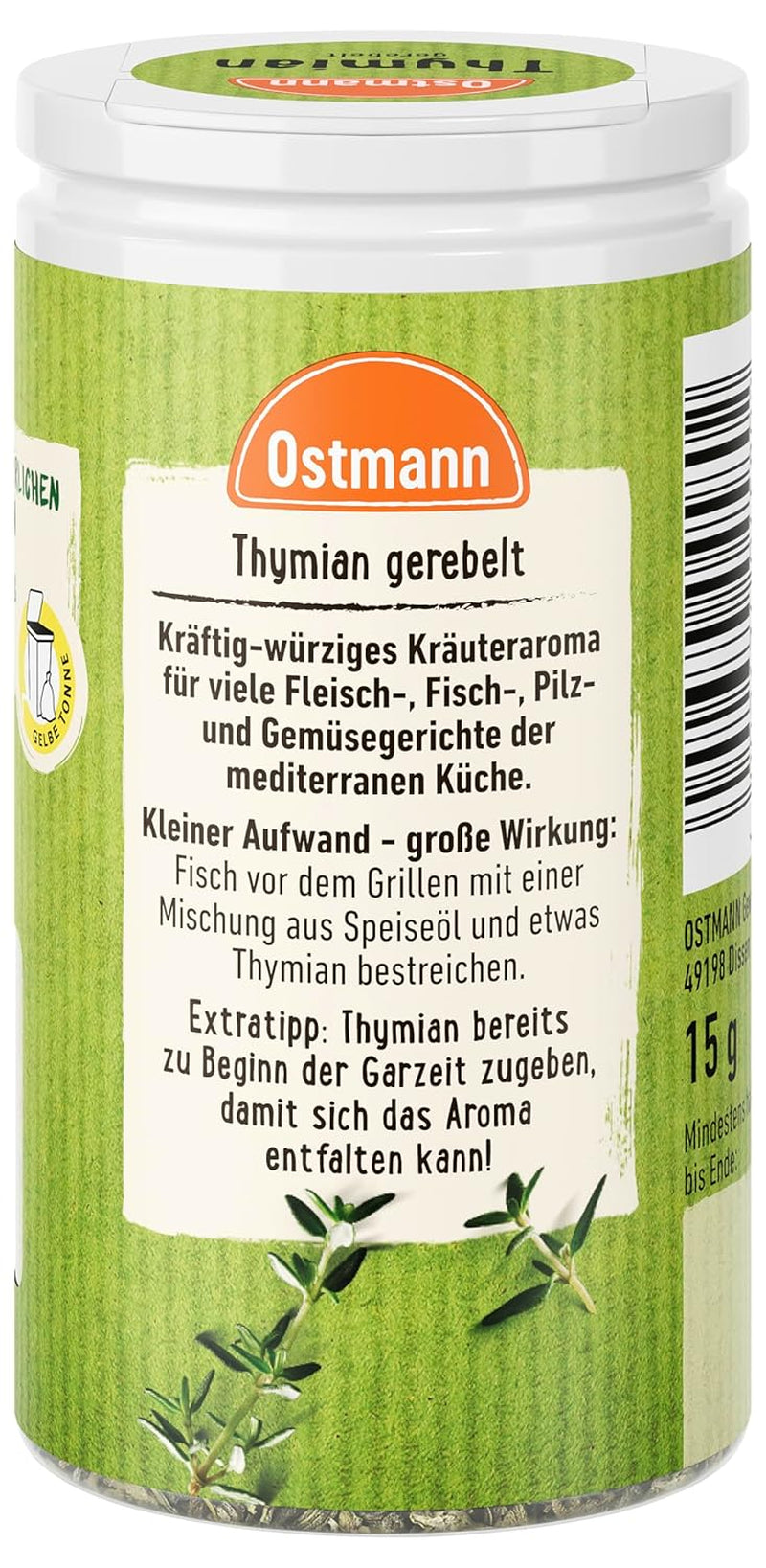 Ostmann Thym Gerebelt 15 g Thym-Gewürz für viele Fleisch-, Fisch-, Pilz-, und Gemüsegerichte der Mediterranen Küche, Quantité: 1 Stück
