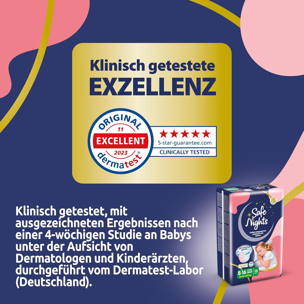 Safe Nights Girl, vêtements de nuit absorbants pour filles de 8 à 16 ans (30 à 50 kg), lot de 14