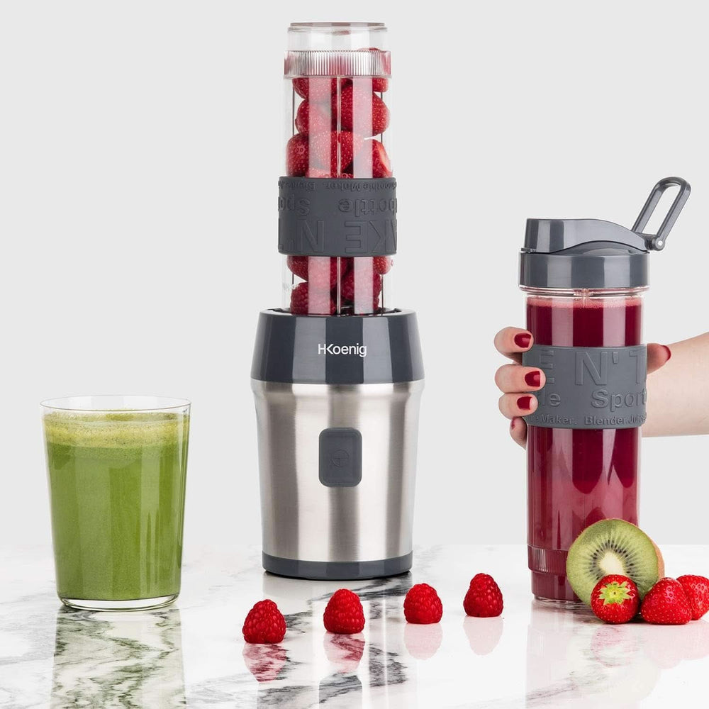 H.Koenig Smoothie Maker SMOO9 - Mini Robot Mixeur - Mini Blender - 300 Watt - 570 Ml - Edelstahl - 2 Kunststoffflaschen - Sans BPA, Grau Kitchen Naty Shop