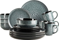 MÄSER 934110 Série Filippa, Service de table en céramique pour 4 personnes, Service de table combiné moderne avec 16 pièces ; Assiettes, bols et tasses à glaçage réactif vert et noir, Grès, Vert