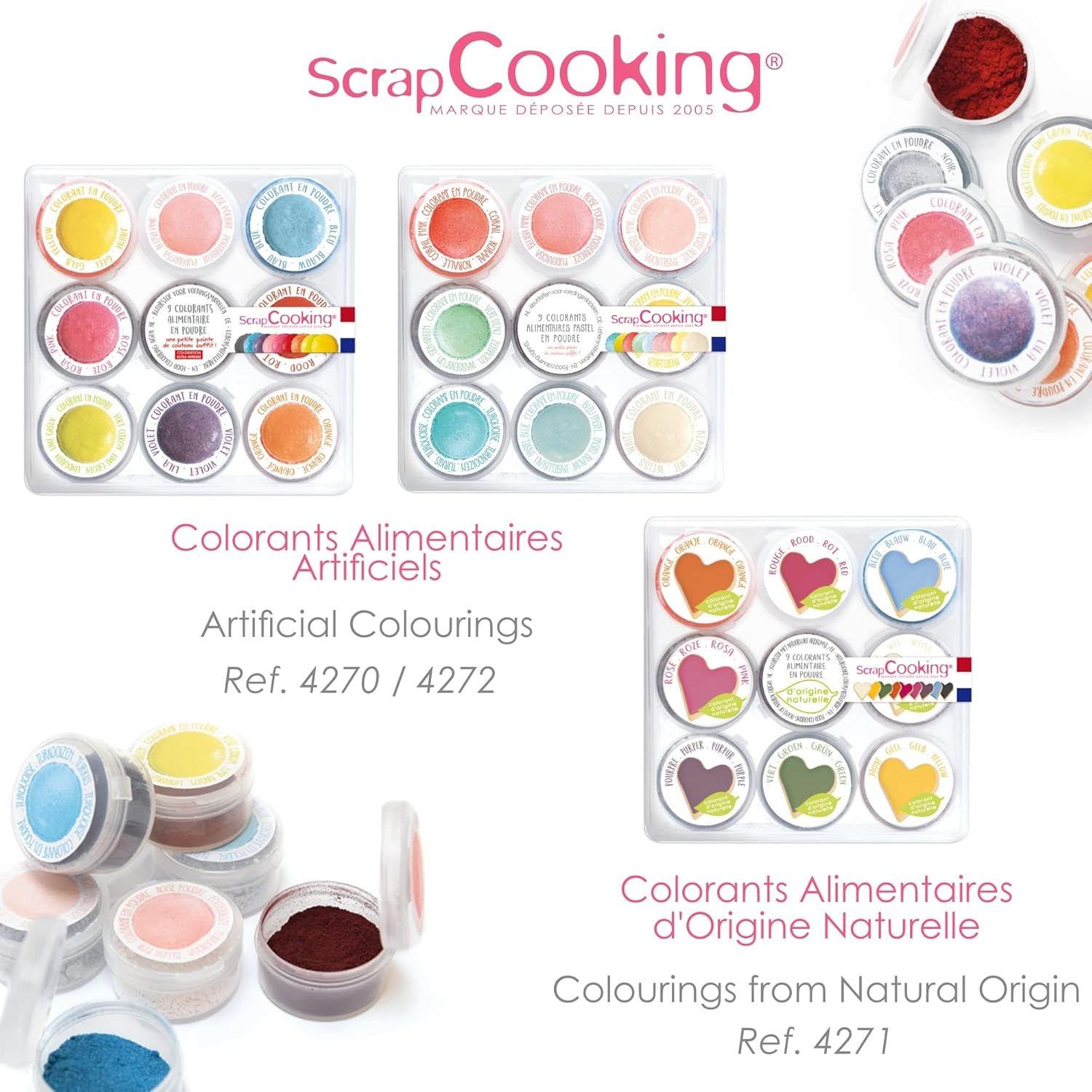 Scrapcooking - Lot de 9 colorants alimentaires pastel - Bleu, Jaune, Corail, Rose, Turquoise, Vert Anis, Blanc, Vert Aqua, Rose Poudré - Poudre colorante comestible pour gâteaux, muffins, macarons - 4272
