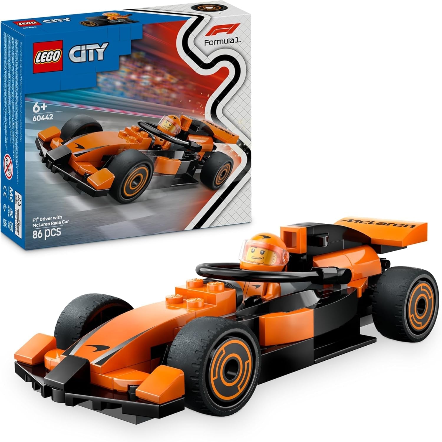 LEGO City F1 Rennfahrer mit McLaren Rennauto - Spielzeug Formel 1 Modell mit Rennwagen und Minifigur - Kleines Geschenk für Jungen und Mädchen ab 6 Jahren oder Motorsport Fans 60442