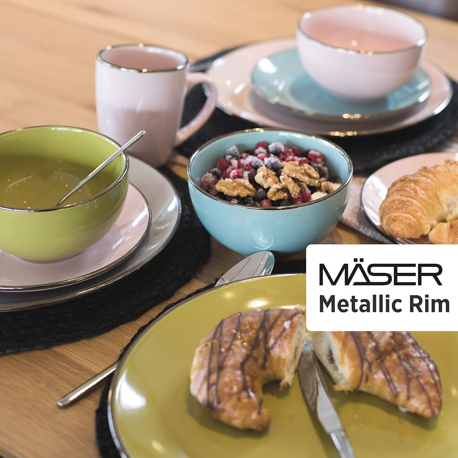 MÄSER Metallic Rim, Modernes Geschirr Set Für 4 Personen Mit Messingfarbenem Rand, 16-Teiliges Kombiservice Mit Randlosen Coupe-Formen, Steinzeug, Grau Vaisselle Naty Shop