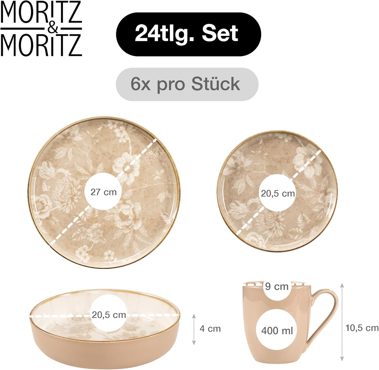 Moritz & Moritz MARIELLA Service de table en grès pour 6 personnes, 24 pièces - Vaisselle beige moderne au design ludique, service à café facile d'entretien avec assiettes, bols et tasses - Service combiné