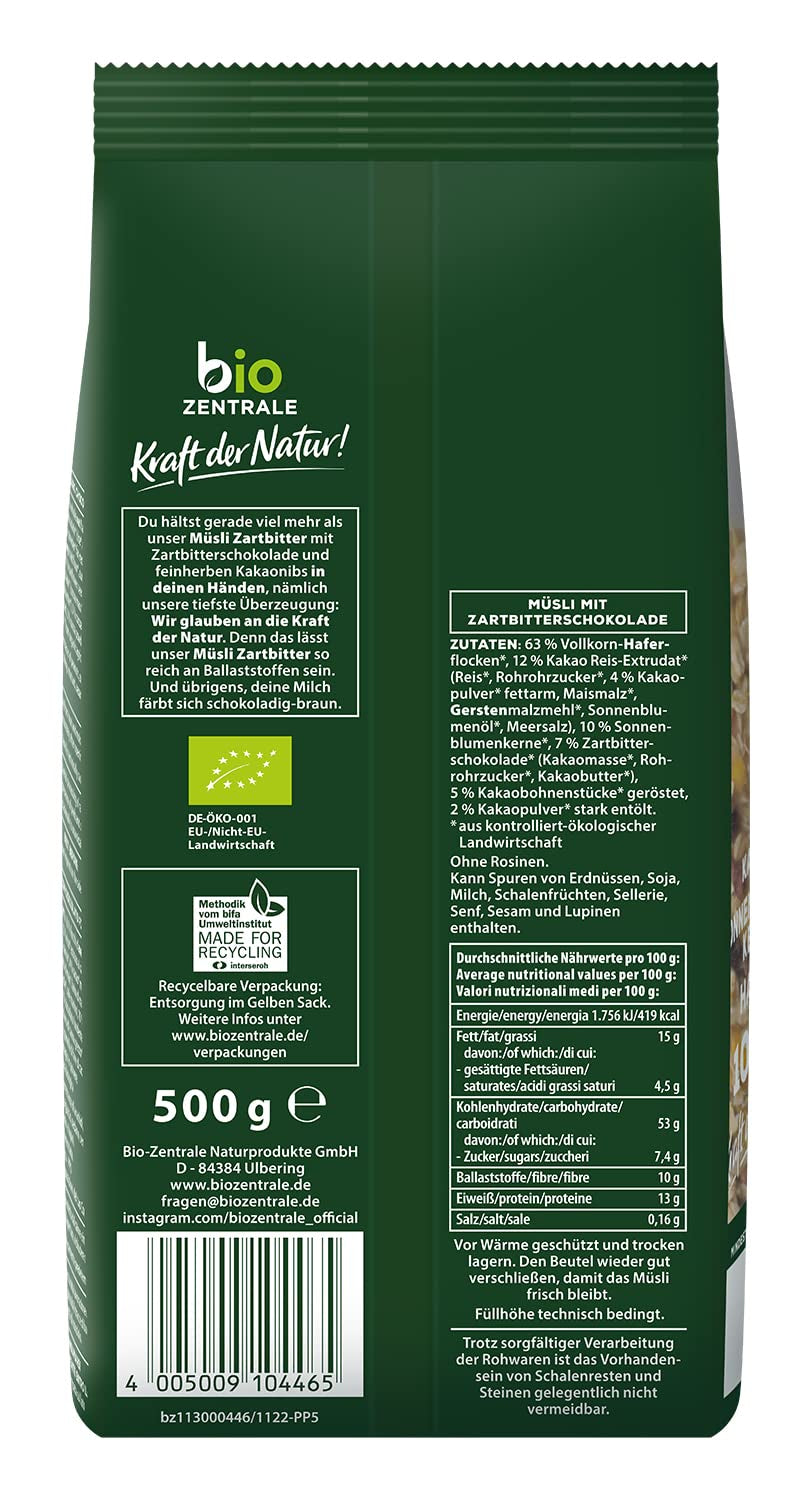 Muesli Biocentral au chocolat noir | 500g Bio Végétalien | Idéal pour le petit-déjeuner et votre tasse de muesli à emporter | Alternative aux barres de muesli