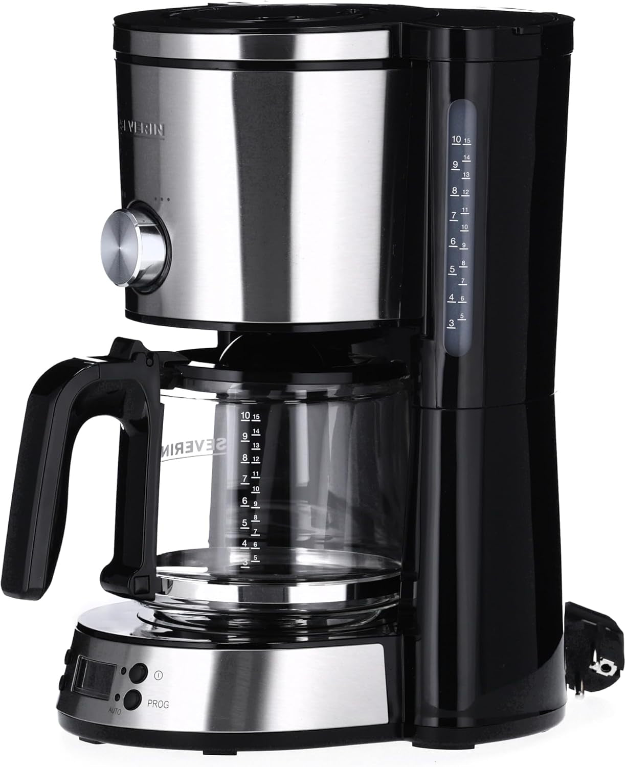 Machine à expresso SEVERIN "TypeSwitch" avec carafe en verre et minuterie, AromaSwitch pour choisir 2 options de préparation, horloge numérique avec fonction minuterie, pour jusqu'à 10 tasses, 1000W, acier inoxydable brossé-noir, KA 4826