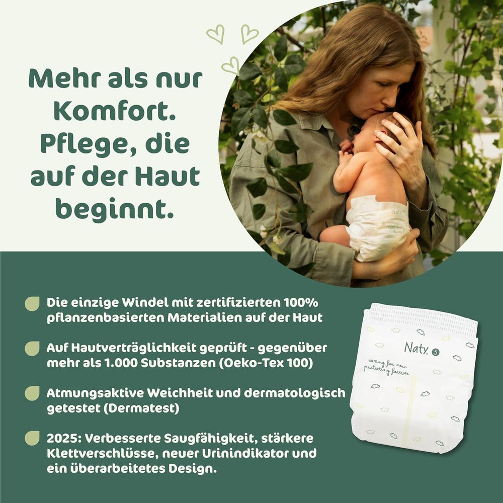 Scutece pentru bebeluși Naty BioEmbrace, mărimea 5 (11–25 kg) | 100% materiale pe bază de plante, delicate cu pielea | Moliciune respirabilă, testate dermatologic, absorbție excelentă | 80 buc.