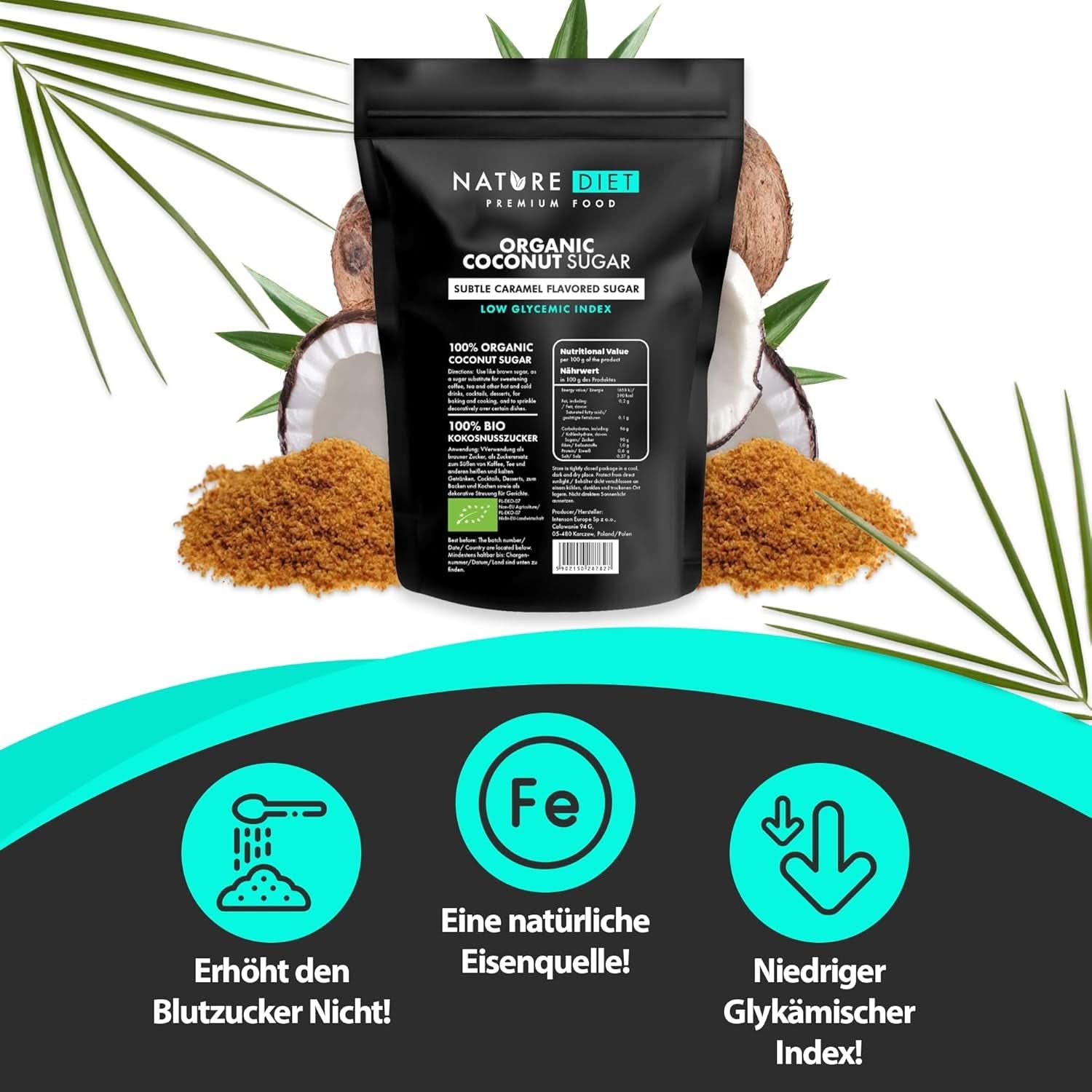 Zahăr organic din nucă de cocos, aroma de caramel, 1,5 Kg Indulcitori Naty Shop