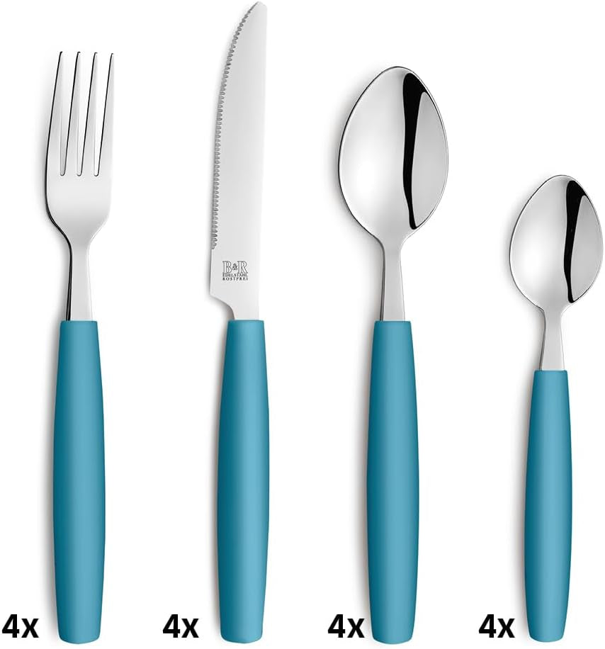Beckmann & Rommerskirchen 2515 VALOA Besteck Set 4 Personnes | 16-Teilig | Pétrole | Spülmaschinenfest | Haute police de glace | Essbesteck: 4X Messer, Gabel, Esslöffel, Kaffeelöffel Cuisine Naty Shop