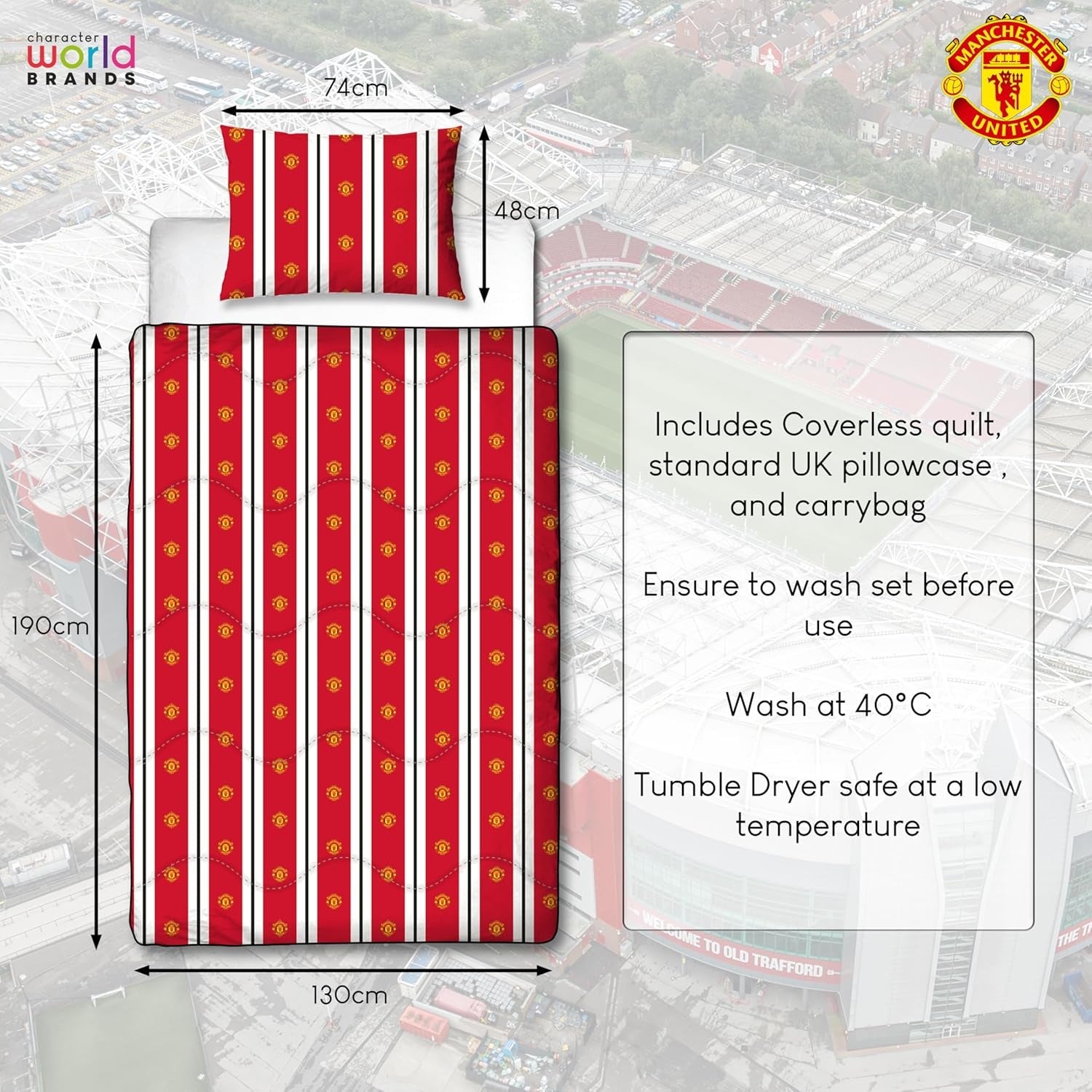 Manchester United FC Couette simple officielle réversible, rouge et blanc, sans housse, couette de football, taie d'oreiller, lavable, parfaite pour les voyages, les séjours d'une nuit, 10,5 Tog Couettes et couettes Naty Shop