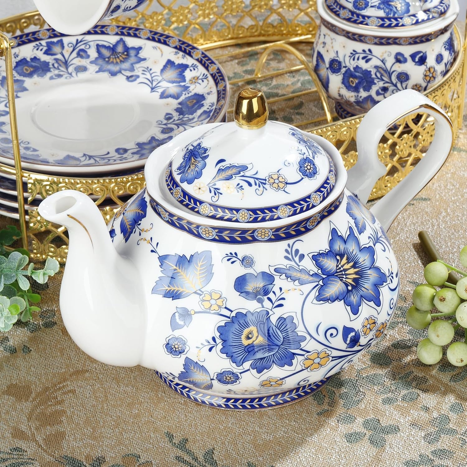 Fanquare – service à thé en porcelaine à fleurs bleues, avec support en métal, tasse à café et soucoupe en porcelaine Vintage, service à café anglais pour adultes
