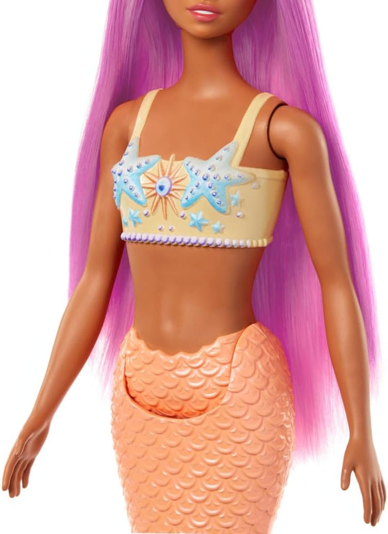 Poupée Barbie sirène avec cheveux et bandeau roses fantaisie, poupée tête d'étoile de mer et nageoire queue orange douce, HRR05