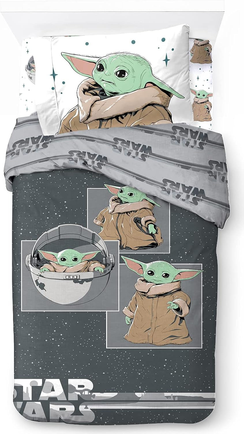 Linge de lit enfant unisexe, princesses et super-héros, 100% coton Linge de lit - enfant Naty Shop Gris - Mandalorien 135X200/50X70 (3 Pièces)