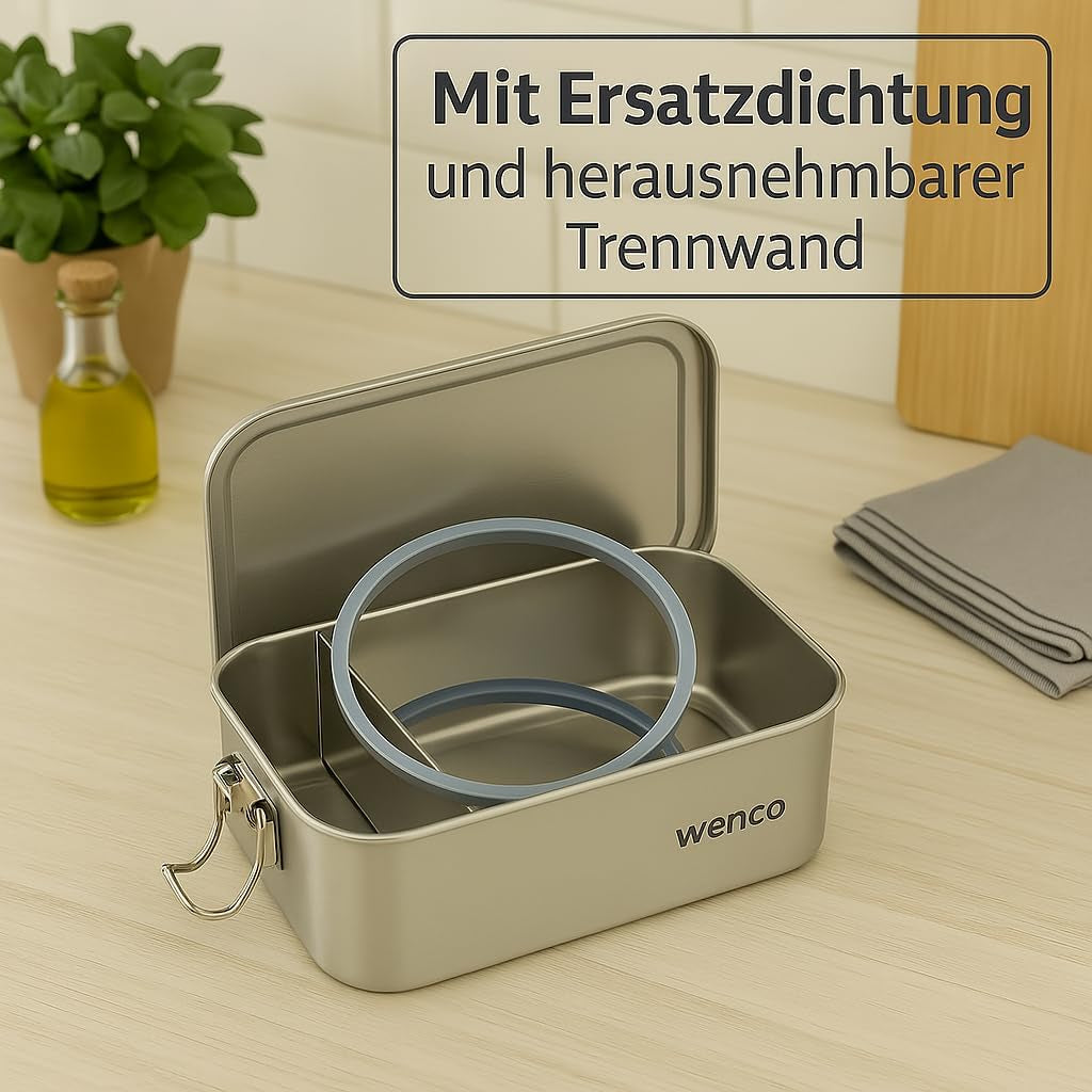 Wenco Boîte à lunch en acier inoxydable 2 compartiments Grande capacité 850 ml Boîte à lunch Étanche Passe au lave-vaisselle Comprenant un anneau de remplacement en silicone 18,5 x 14 x 5,5 cm Argent (Paquet de 2) Boîtes de conservation des aliments Naty Shop