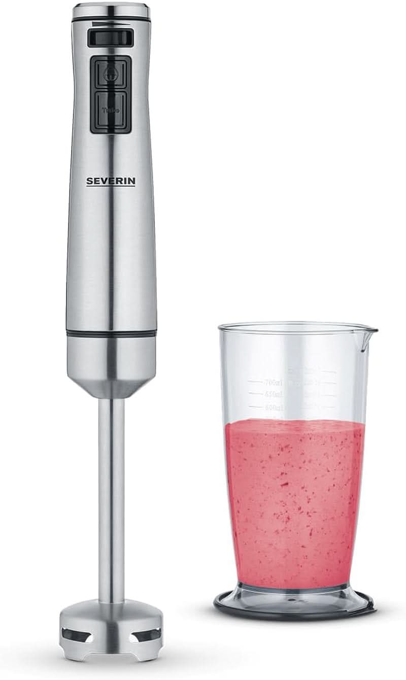 SEVERIN Kabelloser Stabmixer Mit Premium-Set, Abnehmbarer Mixstab, Mit Pürierstab, Multizerkleinerer, Mixbehälter, Kartoffelstampfer & Schneebesen, Schwarz/Edelstahl-Gebürstet, SM 3775 Mother and Child Naty Shop 1 000 W Inkl. Récipient à mélanger