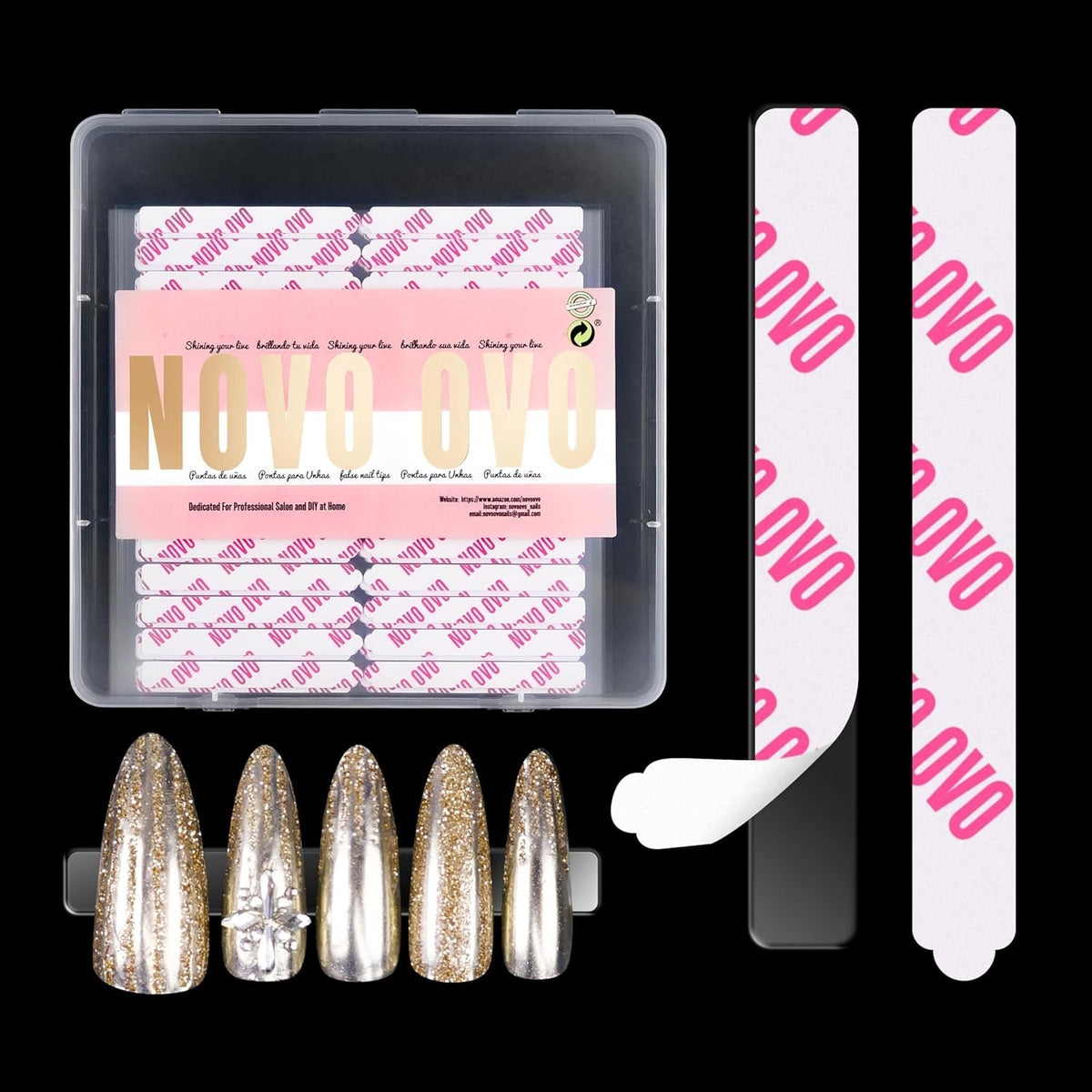 NOVO OVO 360 pièces facile à déchirer à presser sur feuille adhésive transparente double face pour nail art, emballage/stockage/pratique/accessoires, 30 pièces x 12 feuilles