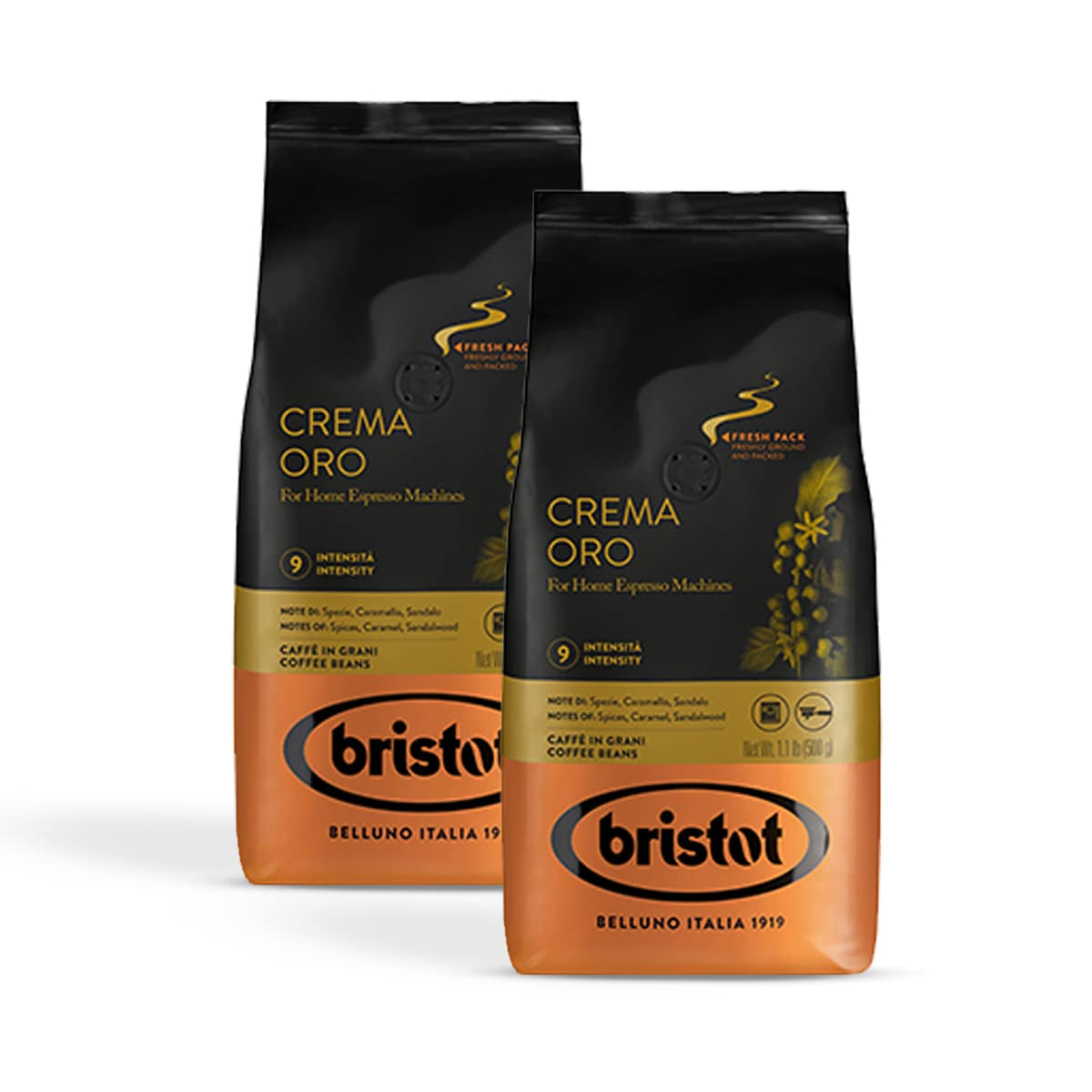 Bristot, Kaffeebohnen CREMA ORO – Total 1 kg – Mischung mit intensif Aroma, süßem Geschmack, Gewürzen, Caramel, Sandelholznoten – Set mit 2 pro 500 g