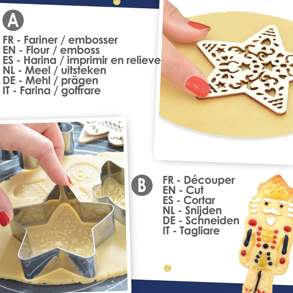 ScrapCooking - Set d'Emporte-pièces + Embosseur Casse-Noisette en Bois - Emporte-pièce de Noël en Acier Inoxydable pour Biscuits en Relief - Accessoire de Moule de Cuisson Sablé - Couleur Or - 2097