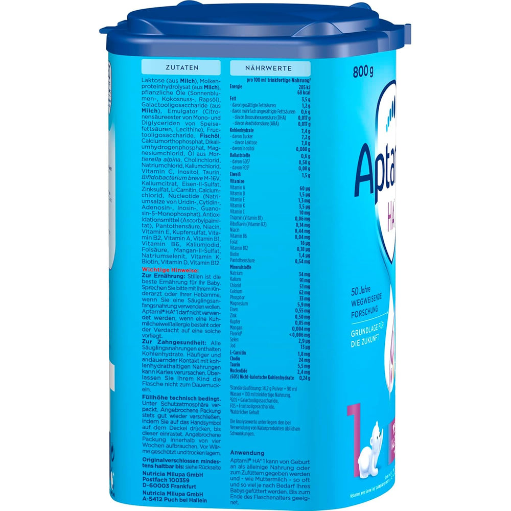 Aptamil HA 1 – Mélange de lait de consommation, avec DHA, sans lactose, sans huile de palme, poudre de bébé, poudre de lait, 1x 800 g (emballage avec 4)